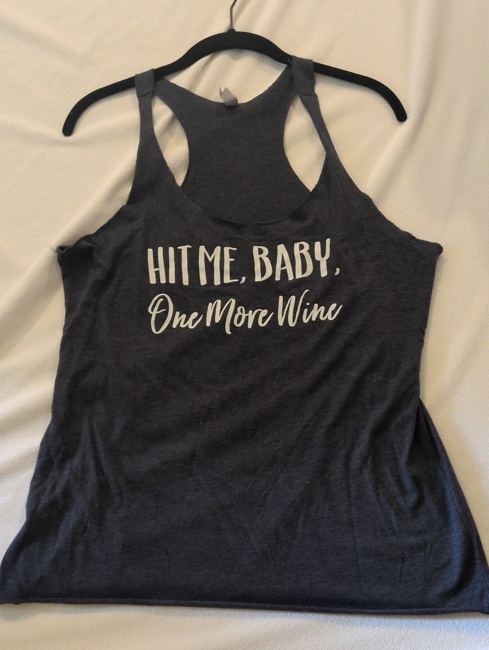 Women’s Dark Gray Graphic Racerback Tank Top - 'Hit Me, Baby, One More Wine'